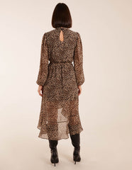 Leopard Print High Neck Wrap Frill Hem Midi Dress
