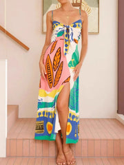 Tied Front Printed Slit Maxi Cami Dress