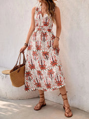 Printed V-Neck Sleeveless Midi Dress