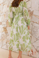Printed V-Neck Long Sleeve Midi Dress