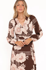 Safia Midi Dress - Brown Floral
