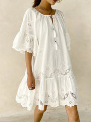 Eyelet Embroidered Tassel Tie Neck Dress