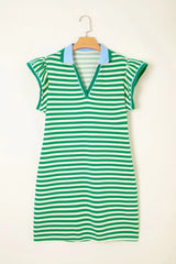 Stripe Print Contrast Collar Split Neck Flutter Sleeve Dress